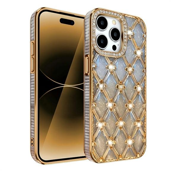 Allytechgroup Glitter Case for iPhone 17 Pro Max, Slim Lightweight Hard PC Rugged with Bling Sparkly Diamond Rhinestones Anti-Fingerprint Non-Slip Shockproof Back Cover for iPhone 17 Pro Max, Gold