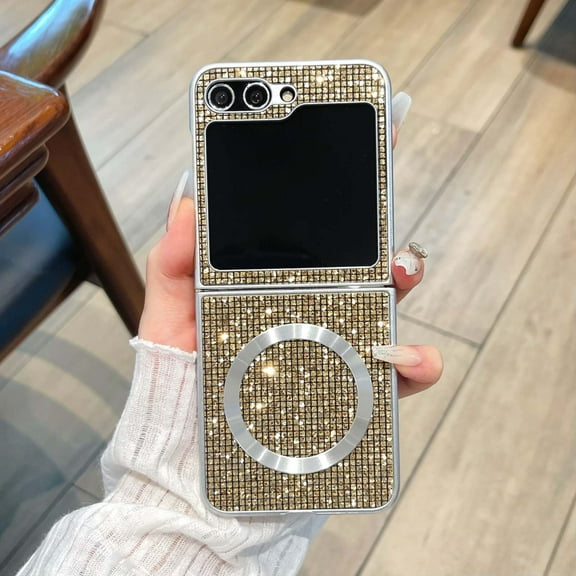 Allytechgroup Glitter Magnetic Case for Samsung Galaxy Z Flip 6/ 7 FE, Slim Fit Shell Anti-Scratch PC+TPU Back Cover with Wireless Charging Support Sparkling Crystal Case for Girls Women, Gold
