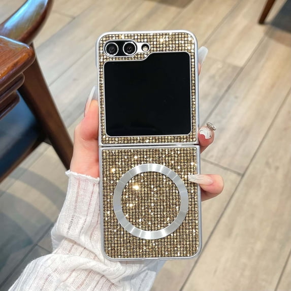 Allytechgroup Glitter Magnetic Case for Samsung Galaxy Z Flip 7, Slim Fit Shell Lightweight Anti-Scratch PC+TPU Back Cover with Wireless Charging Support Sparkling Crystal Case for Girls Women,Gold