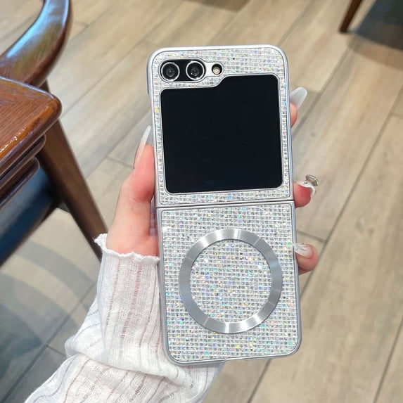 Allytechgroup Glitter Magnetic Case for Samsung Galaxy Z Flip 7, Slim Fit Shell Lightweight Anti-Scratch PC+TPU Back Cover with Wireless Charging Support Sparkling Crystal Case for Girls Women,White