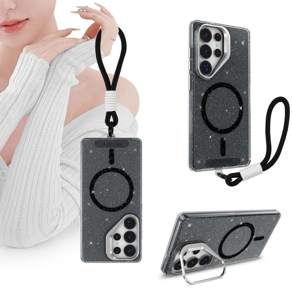 Allytechgroup Glitter Magnetic Phone Case with Kickstand for Samsung Galaxy S24 FE, Shockproof Non-Slip PC+TPU Back Cover, Support Wireless Charging Anti-Scratch Flat Design for Women Girls, Black