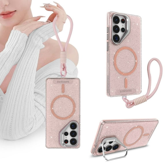 Allytechgroup Glitter Magnetic Phone Case with Kickstand for Samsung Galaxy S24 FE, Shockproof Non-Slip PC+TPU Back Cover, Support Wireless Charging Anti-Scratch Flat Design for Women Girls, Pink