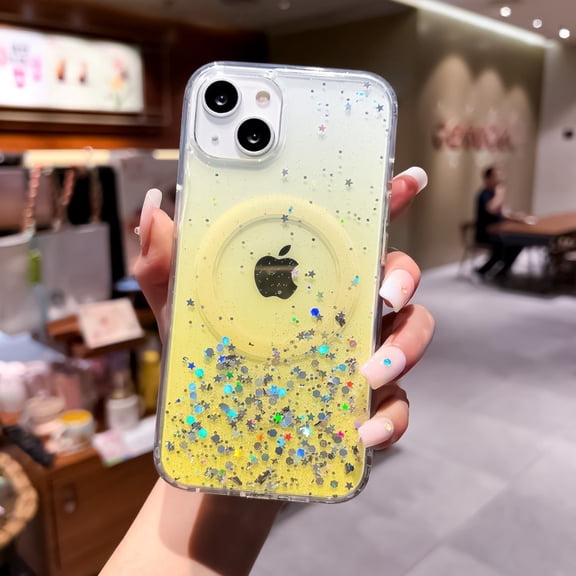Allytechgroup Glitter Magnetic Phone Case for iPhone 7 / 8 / SE 2022 & 2020, Shock-Absorbent Anti-Fingerprint Back Cover with Wireless Charging Support Slim Lightweight Shockproof Bumper, Yellow