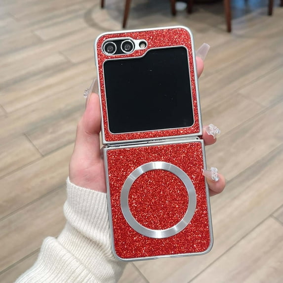 Allytechgroup Glitter Samsung Galaxy Z Flip 5 Case, PC+TPU Wireless Charging Anti-Scratch & Magnetic Back Cover Shell Lightweight Stylish Phone Case for Samsung Galaxy Z Flip 5, Red