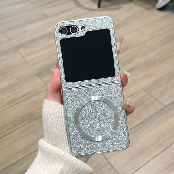 Allytechgroup Glitter Samsung Galaxy Z Flip 7 Case, PC+TPU Wireless Charging Anti-Scratch & Magnetic Back Cover Shell Lightweight Stylish Phone Case for Samsung Galaxy Z Flip 7, Silver
