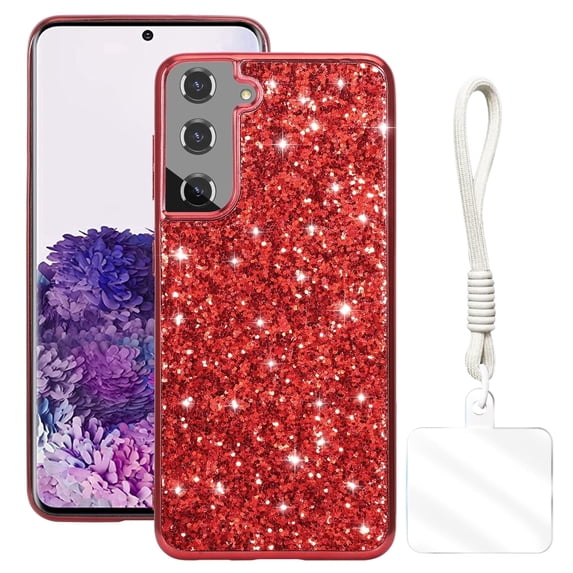 Allytechgroup Glitter Sparkle Case for Samsung Galaxy S23 Plus with Lanyard, Shiny Slim Fit Shockproof Anti-Scratch Luxury Phone Case for Women Girls with Hand Strap, Red