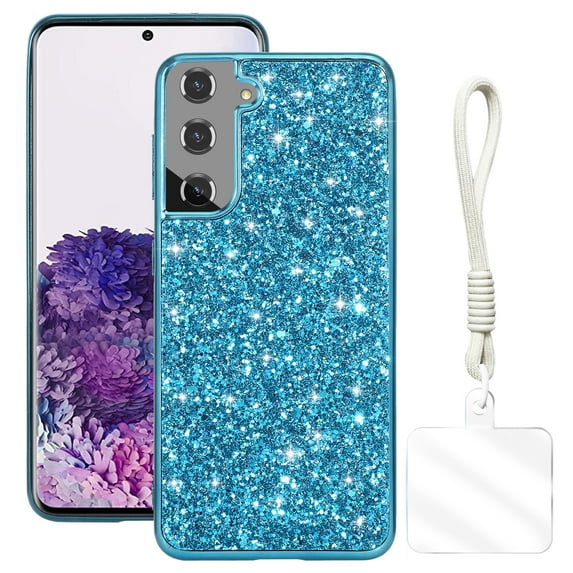 Allytechgroup Glitter Sparkle Case for Samsung Galaxy S24 FE with Lanyard, Shiny Slim Fit Shockproof Anti-Scratch Luxury Phone Case for Women Girls with Hand Strap, Blue