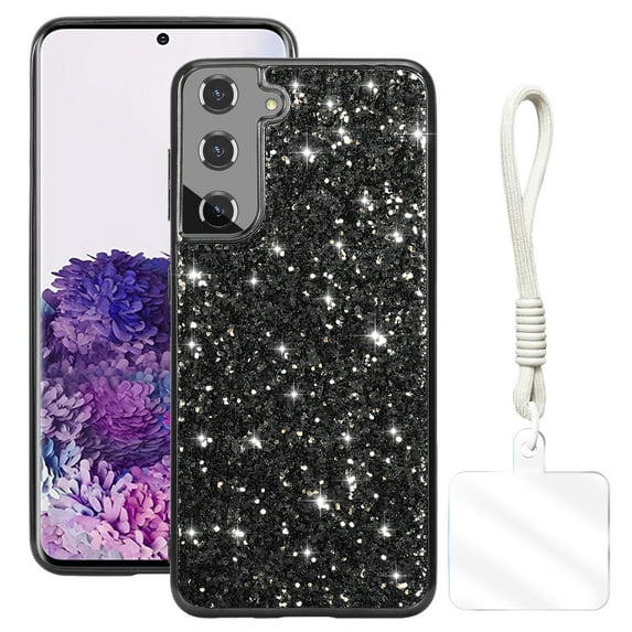 Allytechgroup Glitter Sparkle Case for Samsung Galaxy S24 with Lanyard, Shiny Slim Fit Shockproof Anti-Scratch Luxury Phone Case for Women Girls with Hand Strap, Black