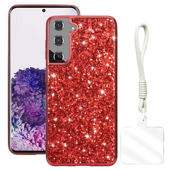 Allytechgroup Glitter Sparkle Case for Samsung Galaxy S24 with Lanyard, Shiny Slim Fit Shockproof Anti-Scratch Luxury Phone Case for Women Girls with Hand Strap, Red