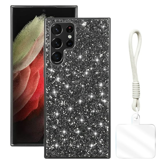 Allytechgroup Glitter Sparkle Case for Samsung Galaxy S24 Ultra with Lanyard, Shiny Slim Fit Shockproof Anti-Scratch Luxury Phone Case for Women Girls with Hand Strap, Black
