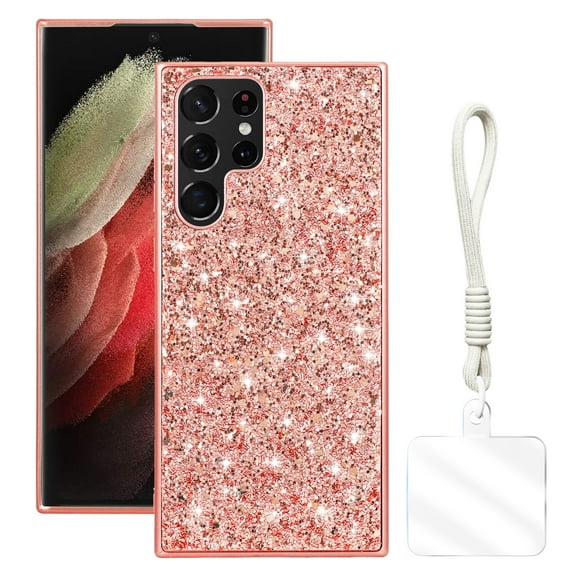 Allytechgroup Glitter Sparkle Case for Samsung Galaxy S24 Ultra with Lanyard, Shiny Slim Fit Shockproof Anti-Scratch Luxury Phone Case for Women Girls with Hand Strap, Rosegold