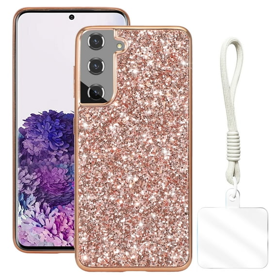 Allytechgroup Glitter Sparkle Case for Samsung Galaxy S25 with Lanyard, Shiny Slim Fit Shockproof Anti-Scratch Luxury Phone Case for Women Girls with Hand Strap, Rosegold
