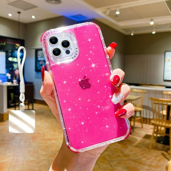 Allytechgroup Glitter iPhone 14 Pro Case with Wrist Strap, Sparkly Shockproof Protective Cover for Women Girls, Slim Bling Soft TPU Bumper Phone Case for Apple iPhone 14 Pro, Pink