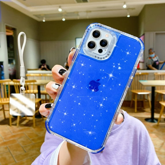 Allytechgroup Glitter iPhone 14 Pro Case with Wrist Strap, Sparkly Shockproof Protective Cover for Women Girls, Slim Bling Soft TPU Bumper Phone Case for Apple iPhone 14 Pro, Blue