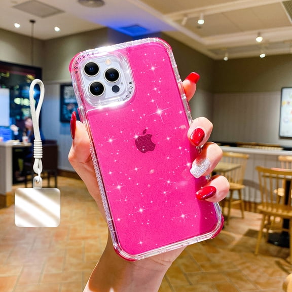 Allytechgroup Glitter iPhone 15 Pro Max Case with Wrist Strap, Sparkly Shockproof Protective Cover for Women Girls, Slim Bling Soft TPU Bumper Phone Case for Apple iPhone 15 Pro Max, Pink