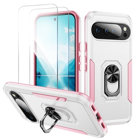 Allytechgroup for Google Pixel 10 /10 Pro Case with 2 Pcs Screen Protector, Rugged Military Grade Shockproof Ring Kickstand Anti-Scratch Magnetic Back Cover Shell Case for Women Men, White