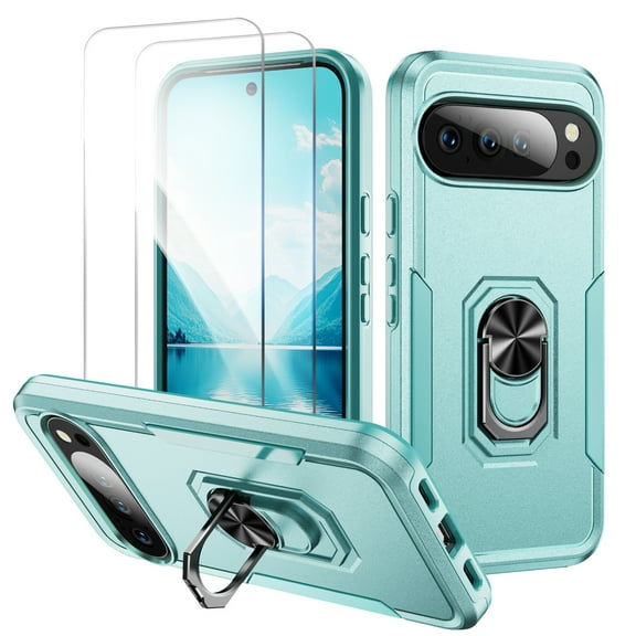 Allytechgroup for Google Pixel 10 /10 Pro Case with 2 Pcs Screen Protector, Rugged Military Grade Shockproof Ring Kickstand Anti-Scratch Magnetic Back Cover Shell Case for Women Men, Green