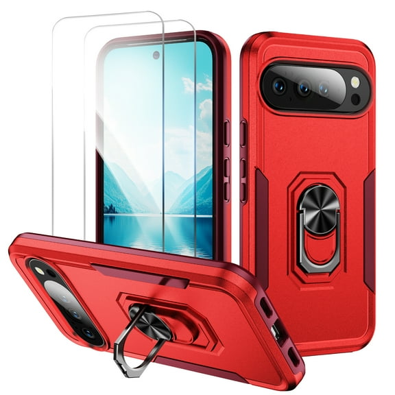 Allytechgroup for Google Pixel 10 /10 Pro Case with 2 Pcs Screen Protector, Rugged Military Grade Shockproof Ring Kickstand Anti-Scratch Magnetic Back Cover Shell Case for Women Men, Red