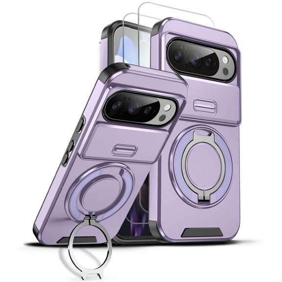 Allytechgroup for Google Pixel 10 /10 Pro Case with 2 Pcs Tempered Glass Screen Protector, Ring Holder Kickstand Camera Lens Cover Bumper Rugged Shockproof Phone Case for Women Men, Purple