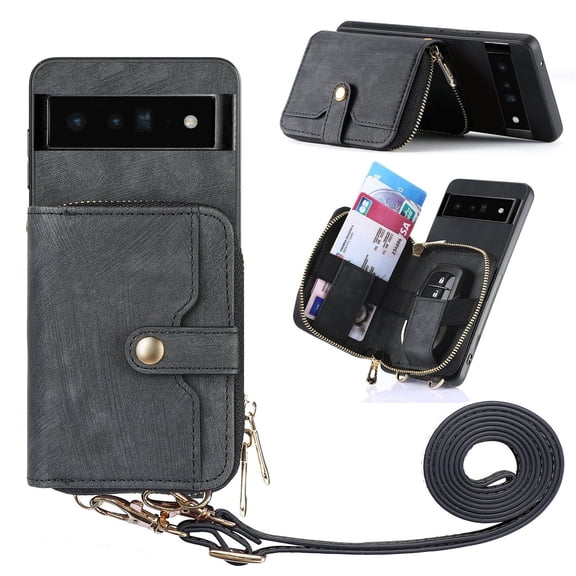 Allytechgroup for Google Pixel 10 /10 Pro Case, Detachable Crossbody Shoulder Strap Cards Slots Large Space Zipper Wallet Pocket Case Cover for Google Pixel 10 /10 Pro Girls Women, Black