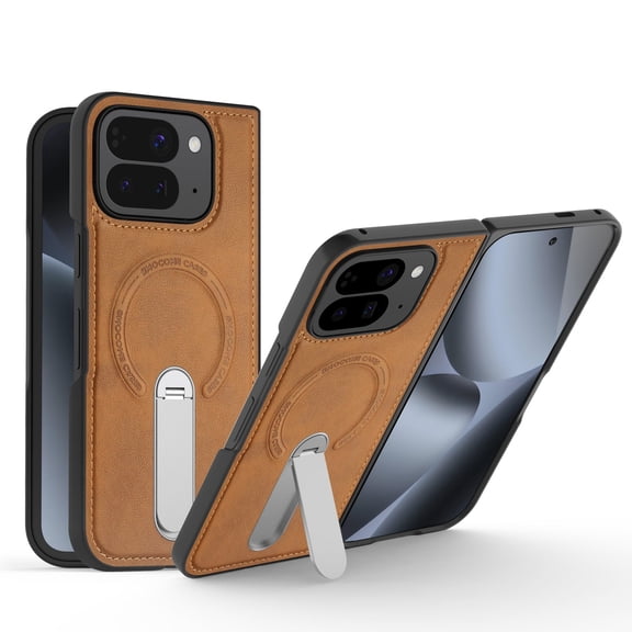 Allytechgroup for Google Pixel 10 Pro Fold Magnetic Kickstand Case, Support Wireless Charging Slim Lightweight PU Leatehr Rugged Shockproof Protective Back Cover for Women Men, Brown