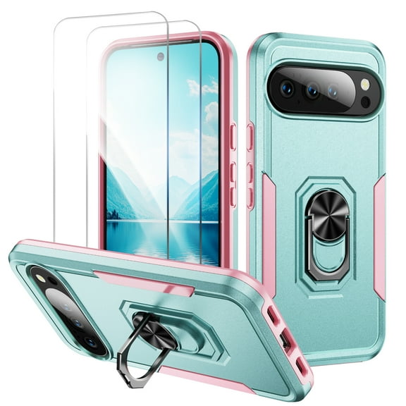 Allytechgroup for Google Pixel 10 Pro XL Case with 2 Pcs Screen Protector, Rugged Military Grade Shockproof Ring Kickstand Anti-Scratch Magnetic Back Cover Shell Case for Women Men, Green+Pink