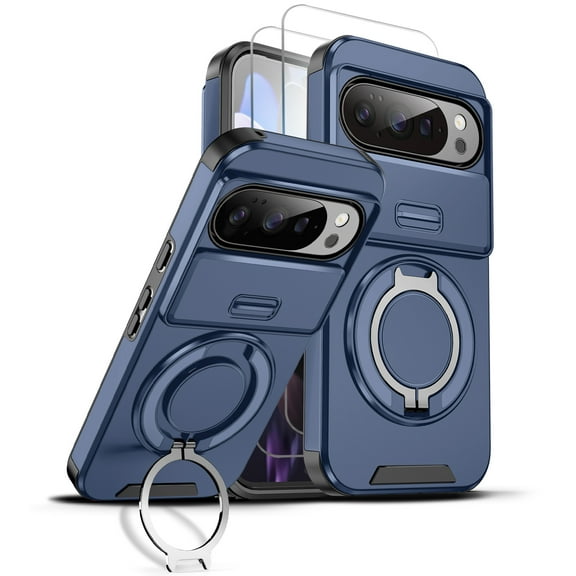 Allytechgroup for Google Pixel 10 Pro XL Case with 2 Pcs Tempered Glass Screen Protector, Ring Holder Kickstand Camera Lens Cover Bumper Rugged Shockproof Phone Case for Women Men, Blue