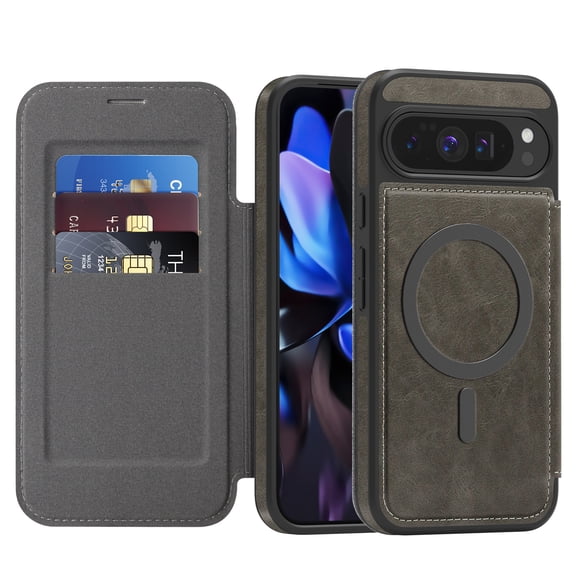 Allytechgroup for Google Pixel 10 Pro XL Wallet Case Compatible with MagSafe, PU Leather Folio Card Holder RFID Blocking Shockproof Flip Cover Hidden Closure Case for Google Pixel 10 Pro XL, Gray