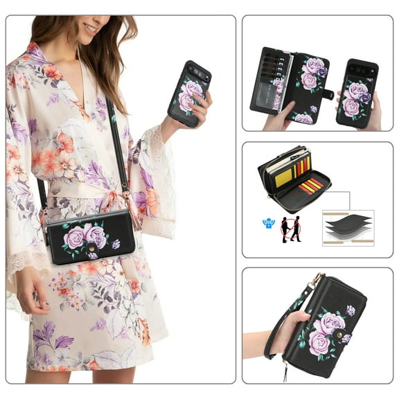 Allytechgroup For Google Pixel 10 Pro XL Wallet Case with Credit Card Slot Cash Slot, Support Wireless Charging Magnetic Closure Heavy Duty PU Leather Protective Case Cover with Wrist Strap, Black