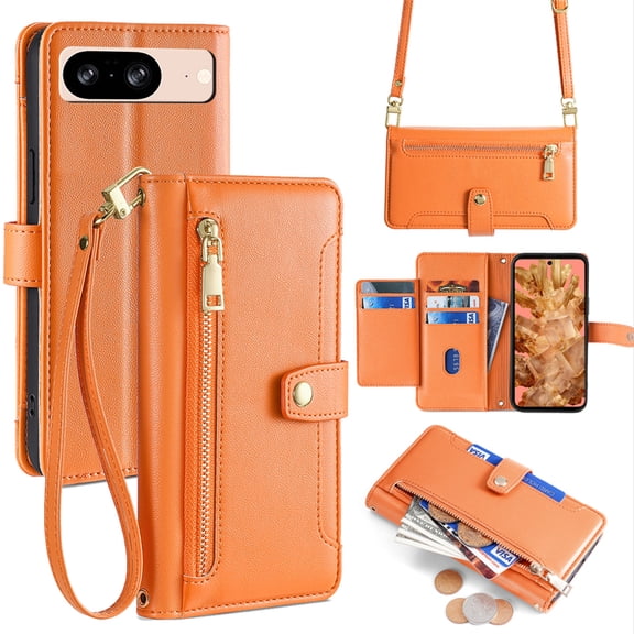 Allytechgroup for Google Pixel 10 Pro XL Wallet Case, Large Space Cards Slots Zipper Pocket Shoulder Strap Stand Shockproof Wallet Phone Case Full Body Cover for Google Pixel 10 Pro XL, Orange