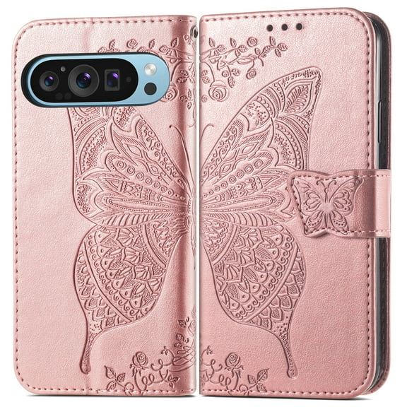 Allytechgroup for Google Pixel 10 Pro XL Wallet Case, PU Leather [Butterfly & Flower Embossed] Magnetic Clasp Stand Case Built-in Card Slots & Cash Pocket Shockproof Wrist Strap Bumper, Rosegold