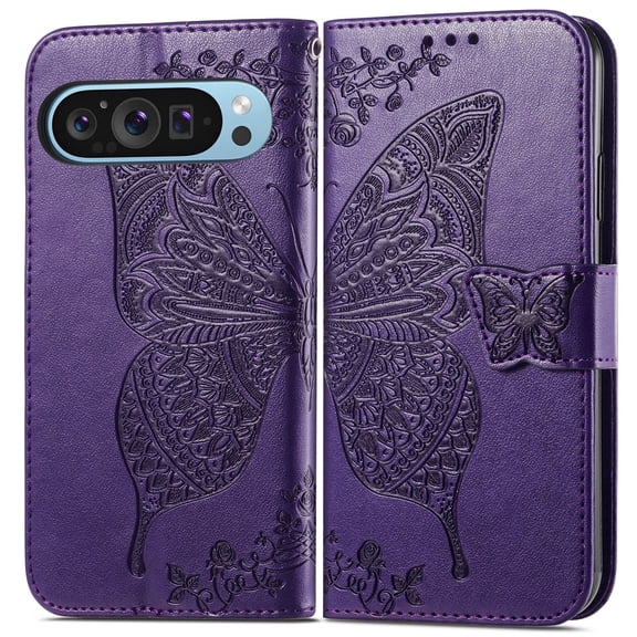 Allytechgroup for Google Pixel 10 Pro XL Wallet Case, PU Leather [Butterfly & Flower Embossed] Magnetic Clasp Stand Case Built-in Card Slots & Cash Pocket Shockproof Wrist Strap Bumper, Purple