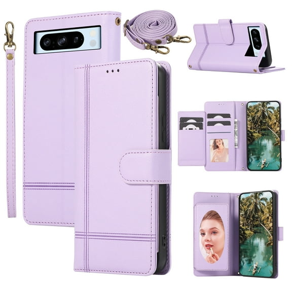 Allytechgroup Google Pixel 6 Pro Wallet Case, With Hand Wrist Crossbody Shoulder Strap Makeup Mirror Retro PU Leather Stand Shockproof Folio Flip Cards Slots Cover for Googe Pixel 6, Purple