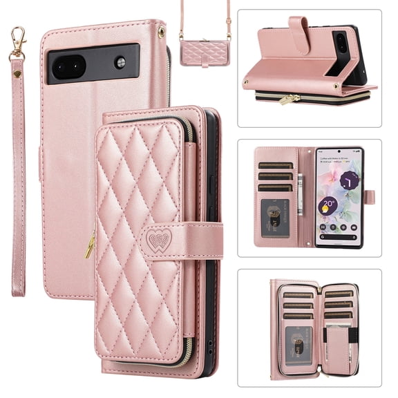 Allytechgroup for Google Pixel 6a Wallet Case, Premium PU Leather Magnetic Buckle Zipper Pocket Card Slots Flip Stand Protective Cover with Hand Strap & Shoulder Strap - Rosegold