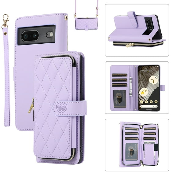 Allytechgroup for Google Pixel 7 Pro Wallet Case, Premium PU Leather Magnetic Buckle Zipper Pocket Card Slots Flip Stand Protective Cover with Hand Strap & Shoulder Strap - Purple