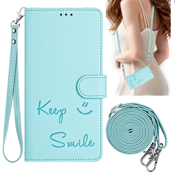 Allytechgroup for Google Pixel 7 Pro Wallet Case,RFID Blocking Flip Cover with Hand Strap & Crossbody Lanyard, Card Holder, Protective Smile Design Phone Case Cover for Google Pixel 7 Pro,Mint