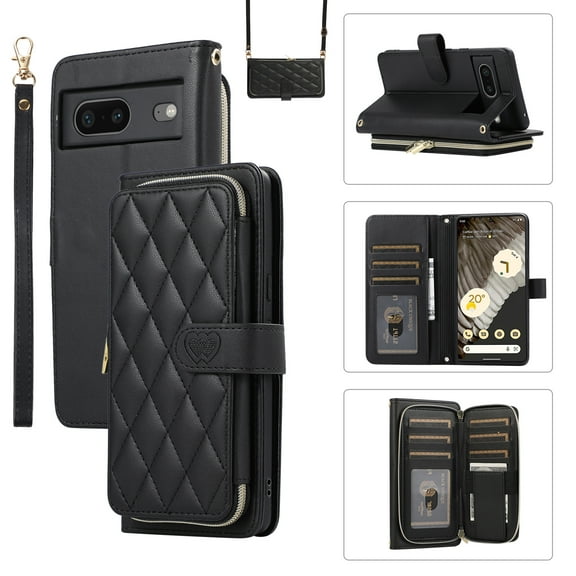 Allytechgroup for Google Pixel 7 Wallet Case, Premium PU Leather Magnetic Buckle Zipper Pocket Card Slots Flip Stand Protective Cover with Hand Strap & Shoulder Strap - Black