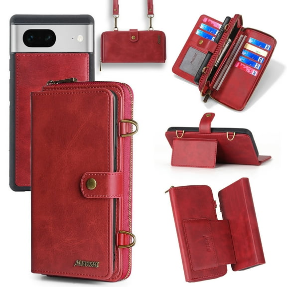 Allytechgroup Google Pixel 8 Wallet Case, PU Leather 13 Cards Holder Large Space Zipper Pocket Detachable Back Cover Shoulder Strap Lanyard Shockproof Phone Case for Google Pixel 8, Red