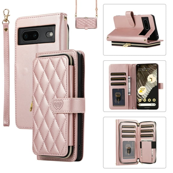 Allytechgroup for Google Pixel 8 Wallet Case, Premium PU Leather Magnetic Buckle Zipper Pocket Card Slots Flip Stand Protective Cover with Hand Strap & Shoulder Strap - Rosegold