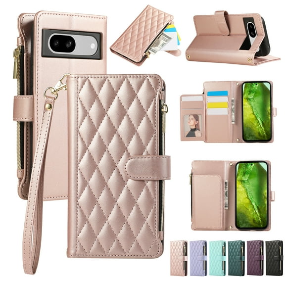 Allytechgroup Google Pixel 9 Pro XL Wallet Case with Cards Holder Zipper Pocket, RFID Blocking Hand Wrist Shoulder Strap Stylish Girls Women Phone Case for Google Pixel 9 Pro XL, Rosegold
