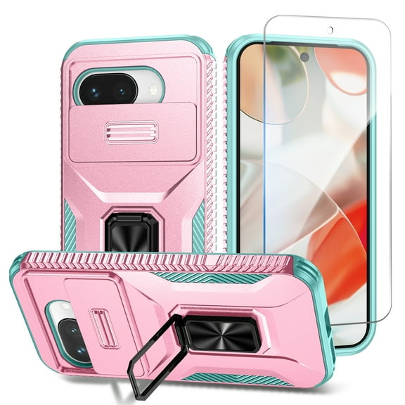 Allytechgroup for Google Pixel 9A Case with Screen Protection, Sliding Camera Lens Cover Military Grade Protection Stand Bracket Bumper Rugged TPU PC Phone Case for Google Pixel 9A, Rosegold