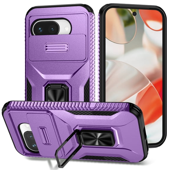 Allytechgroup Google Pixel 9A Case, Sliding Camera Lens Cover Military Grade Protection Stand Bracket Bumper Rugged TPU PC Phone Case for Google Pixel 9A, Purple