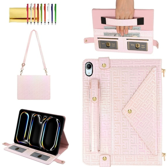 Allytechgroup Handbag Case for iPad 11th Generation 2025/10th Generation 2022, Folio Stand PU Leather Crossbody Cover with Pencil Holder+Card Slots Wallet Case with Shoulder Strap+Hand Strap, Pink