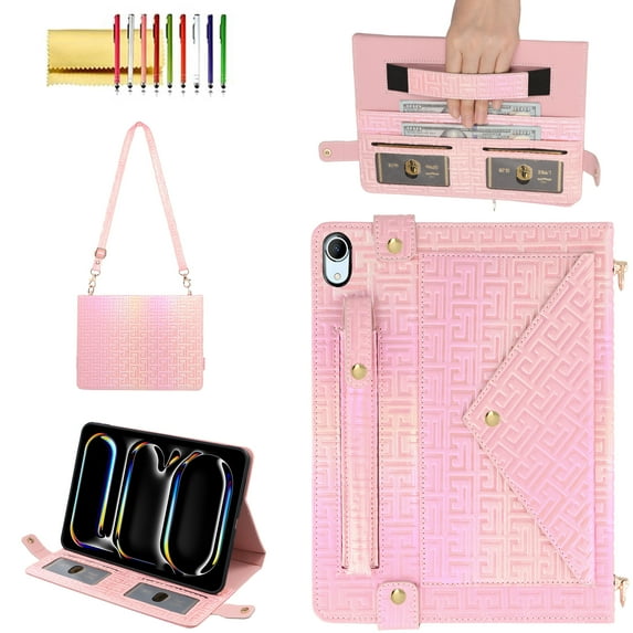 Allytechgroup Handbag Case for iPad 11th Generation 2025/10th Generation 2022, Folio Stand PU Leather Crossbody Cover with Pencil Holder+Card Slots Wallet Case with Shoulder Strap+Hand Strap, Deeppink