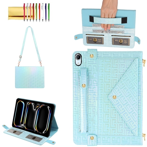 Allytechgroup Handbag Case for iPad 11th Generation 2025/10th Generation 2022, Folio Stand PU Leather Crossbody Cover with Pencil Holder+Card Slots Wallet Case with Shoulder Strap+Hand Strap, Blue
