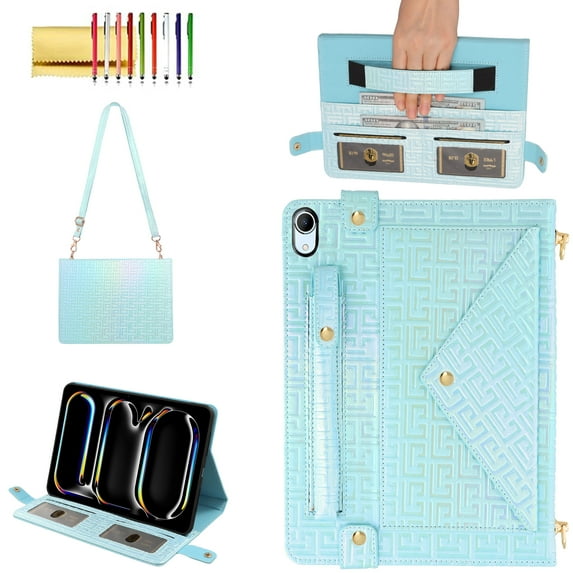 Allytechgroup Handbag Case for iPad 11th Generation 2025/10th Generation 2022, Folio Stand PU Leather Crossbody Cover with Pencil Holder+Card Slots Wallet Case with Shoulder Strap+Hand Strap, Blue