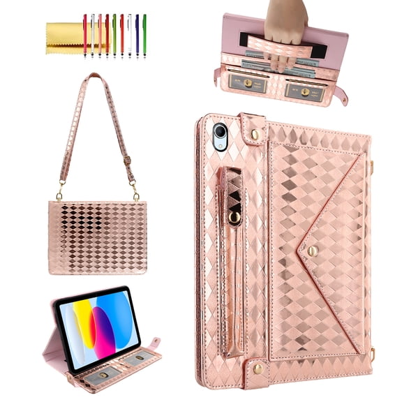 Allytechgroup Handbag Case for iPad (A16)11th /10th Generation 11/10.9 Inch 2025/2022, Stand PU Leather Multi-Card Slots Envelope Pocket Wallet Cover with Shoulder Strap for Women Men, Rosegold