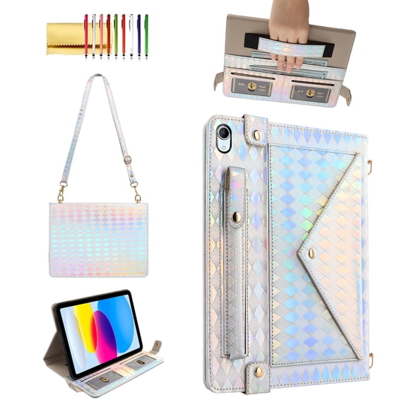 Allytechgroup Handbag Case for iPad (A16)11th /10th Generation 11/10.9 Inch 2025/2022, Stand PU Leather Multi-Card Slots Envelope Pocket Wallet Cover with Shoulder Strap for Women Men, Silver