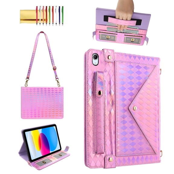 Allytechgroup Handbag Case for iPad (A16)11th /10th Generation 11/10.9 Inch 2025/2022,  Stand PU Leather Multi-Card Slots Envelope Pocket Wallet Cover with Shoulder Strap for Women Men, Pink