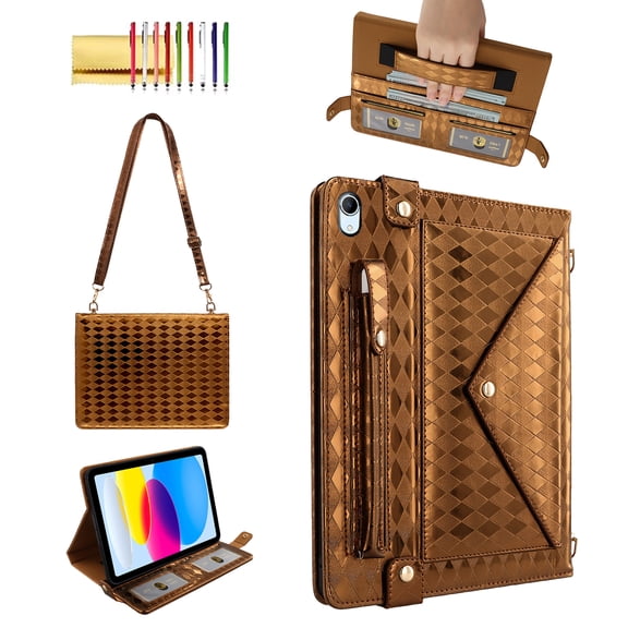 Allytechgroup Handbag Case for iPad (A16)11th /10th Generation 11/10.9 Inch 2025/2022, Stand PU Leather Multi-Card Slots Envelope Pocket Wallet Cover with Shoulder Strap for Women Men, Brown